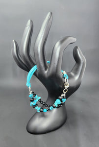 Turquoise & Onyx Kangaroo Leather Sterling Silver Double Strand Bracelet