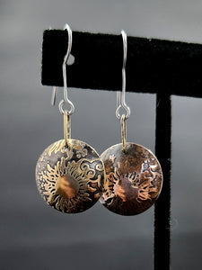 Cosmic Sun Design Dangle Earrings Brass and Copper