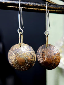 Cosmic Sun Design Dangle Earrings Brass and Copper