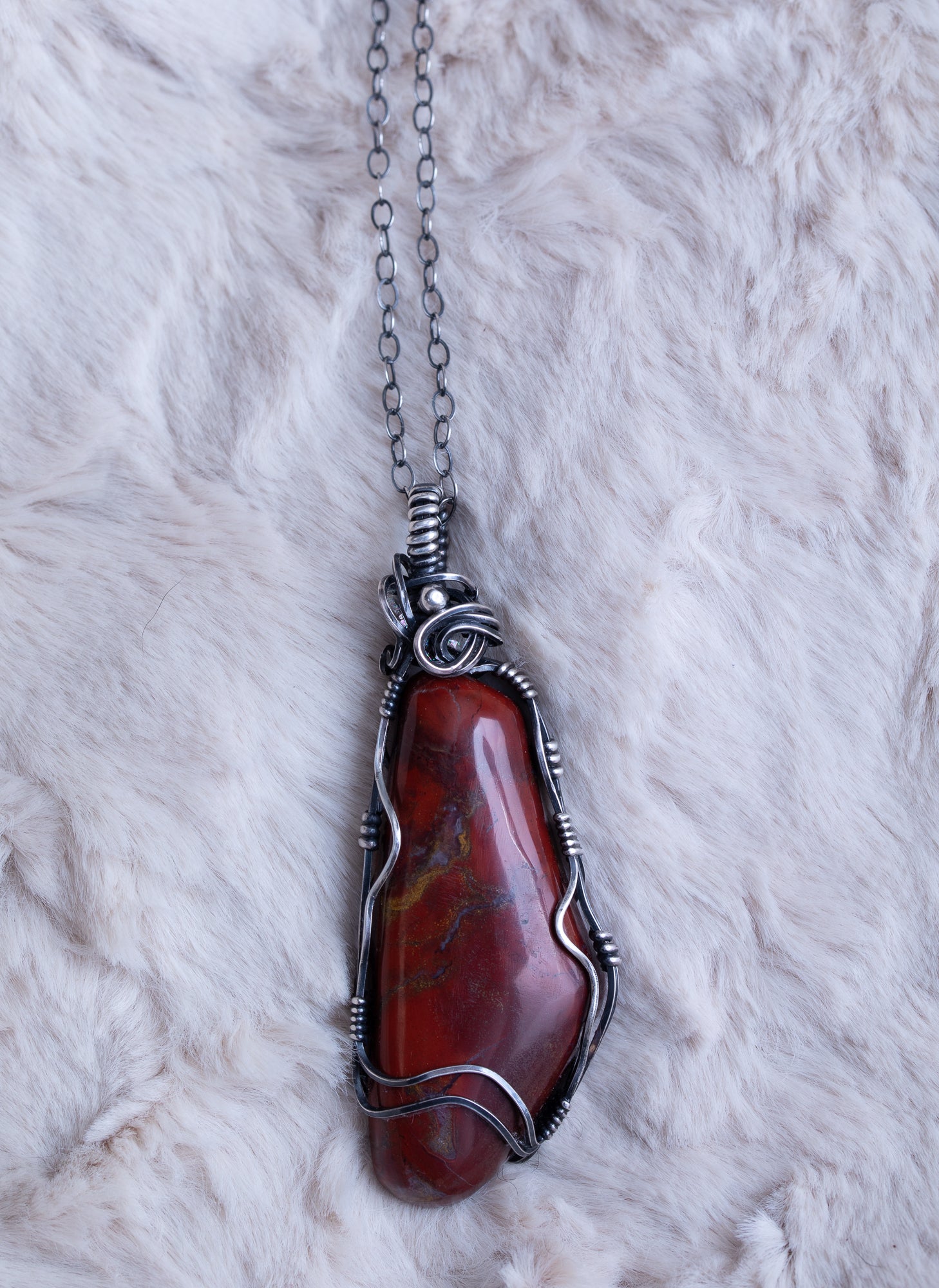 Red Petrified Wood Sterling Silver Wire Wrap Pendant - One of a Kind