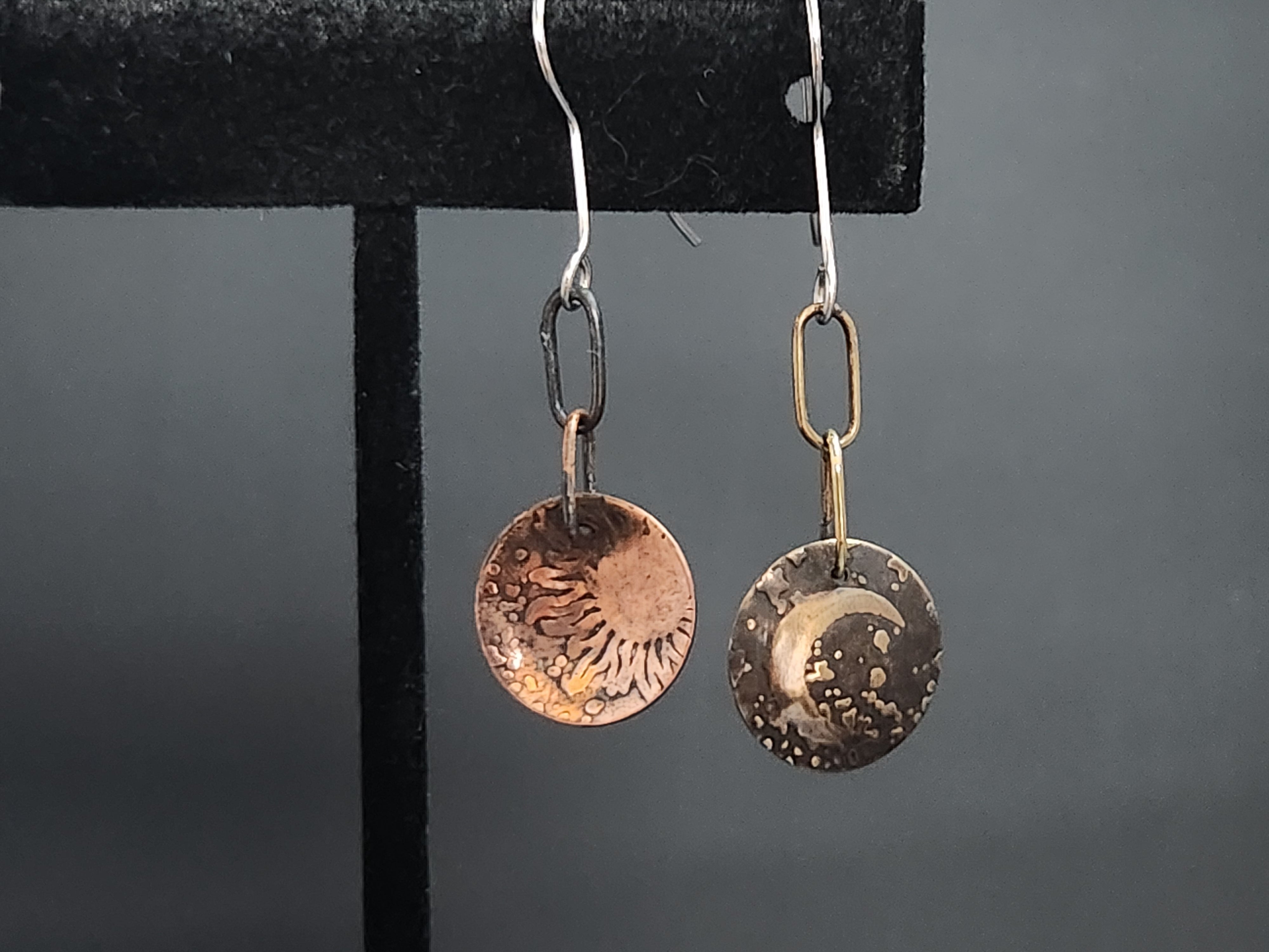 Cosmic Sun and Moon Dangle Earrings Brass and Copper