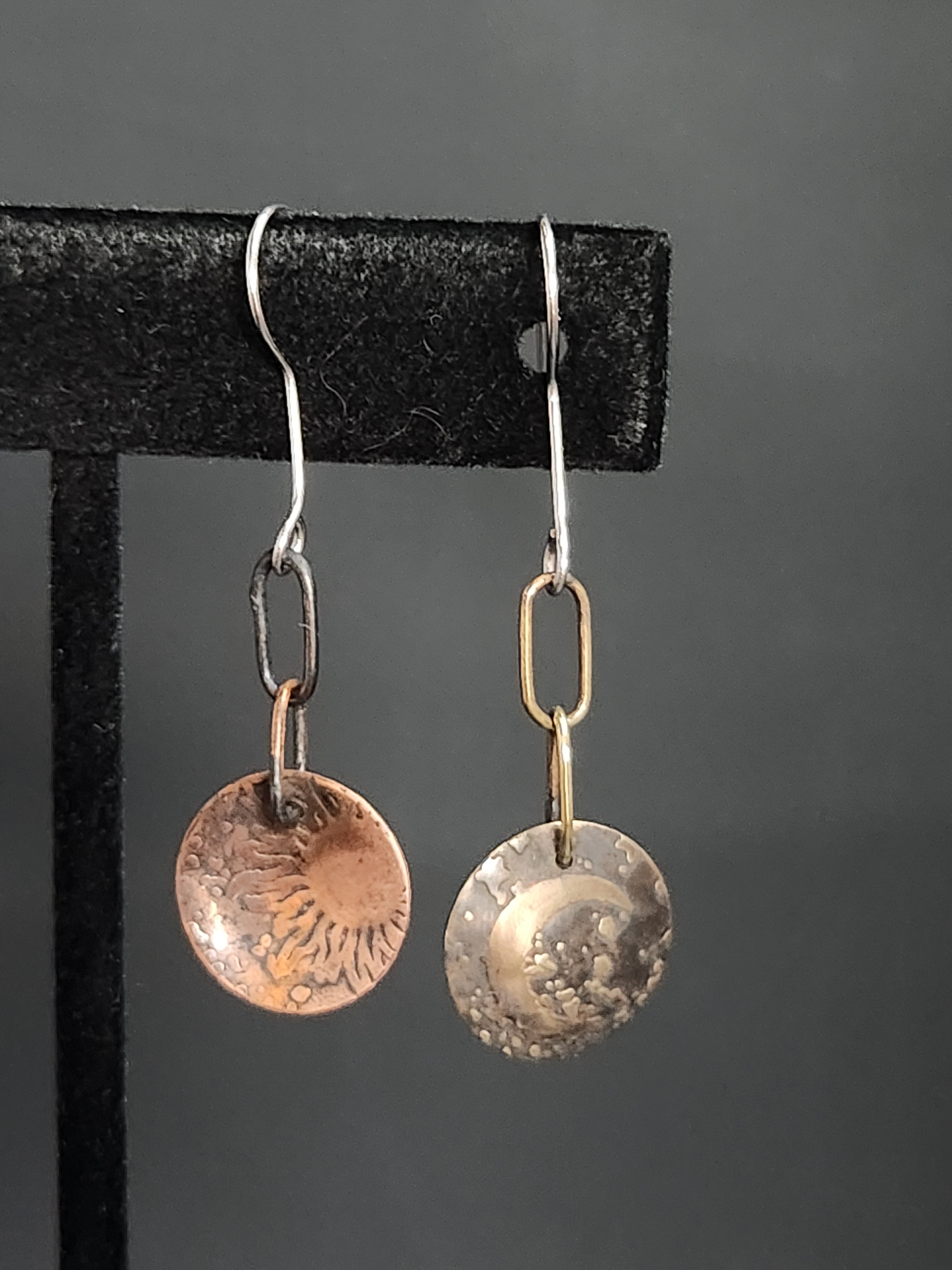 Cosmic Sun and Moon Dangle Earrings Brass and Copper