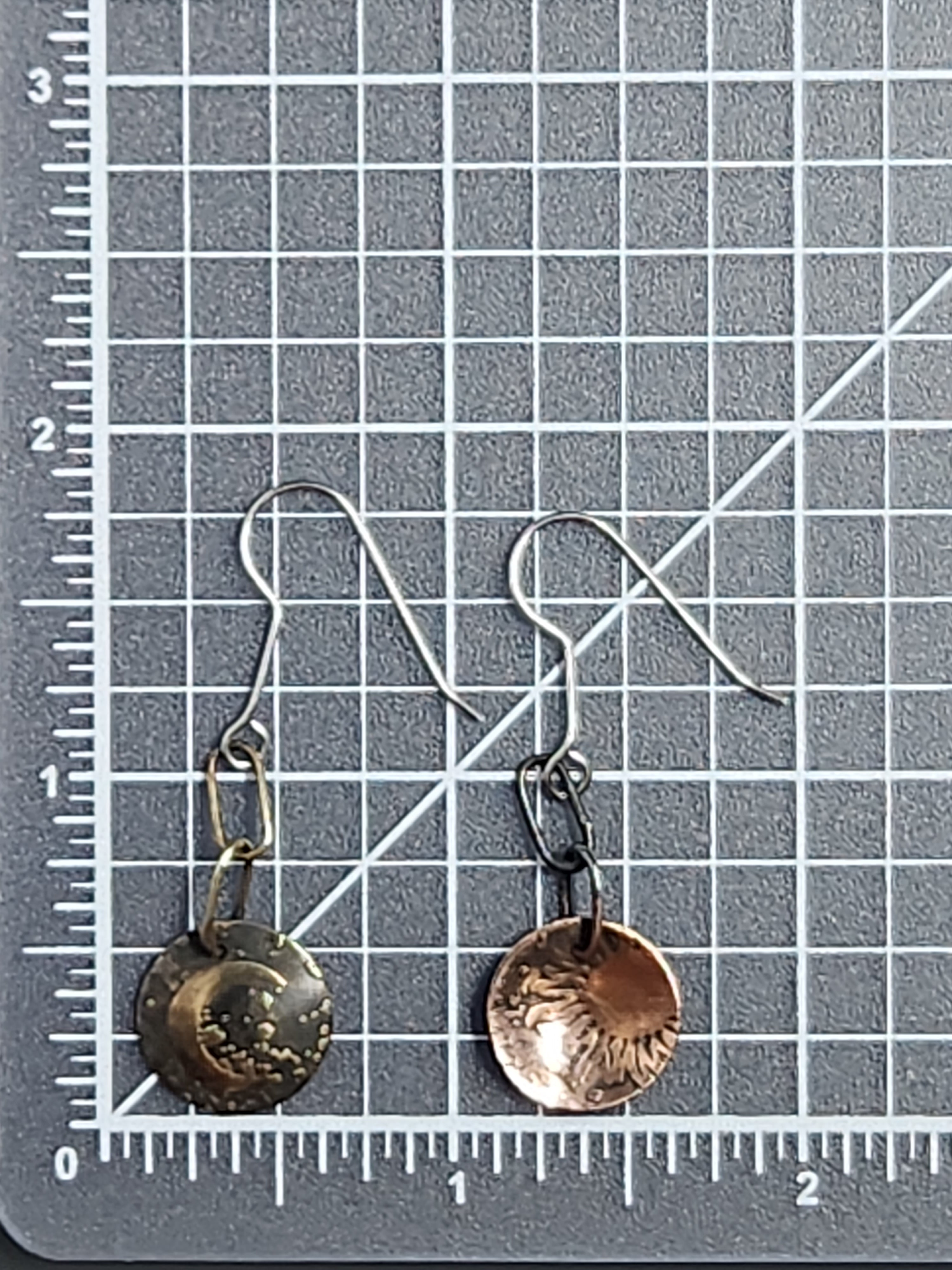 Cosmic Sun and Moon Dangle Earrings Brass and Copper