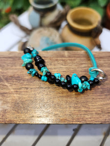 Turquoise & Onyx Kangaroo Leather Sterling Silver Double Strand Bracelet