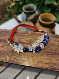 Lapis Lazuli & Crystal Quartz, Kangaroo Leather, & Sterling Silver Double Strand Bracelet