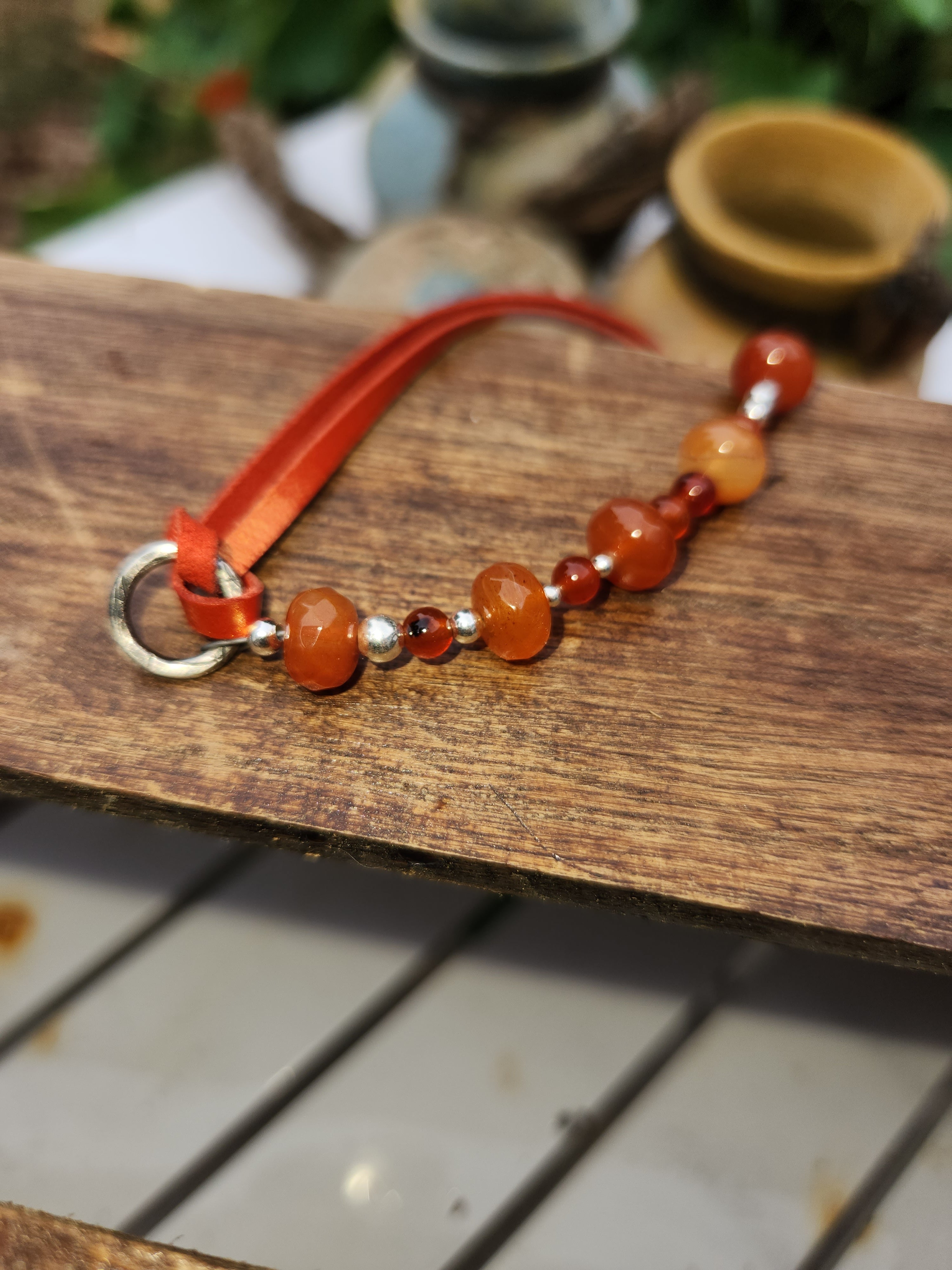 Carnelian Kangaroo Leather Sterling Silver Bracelet