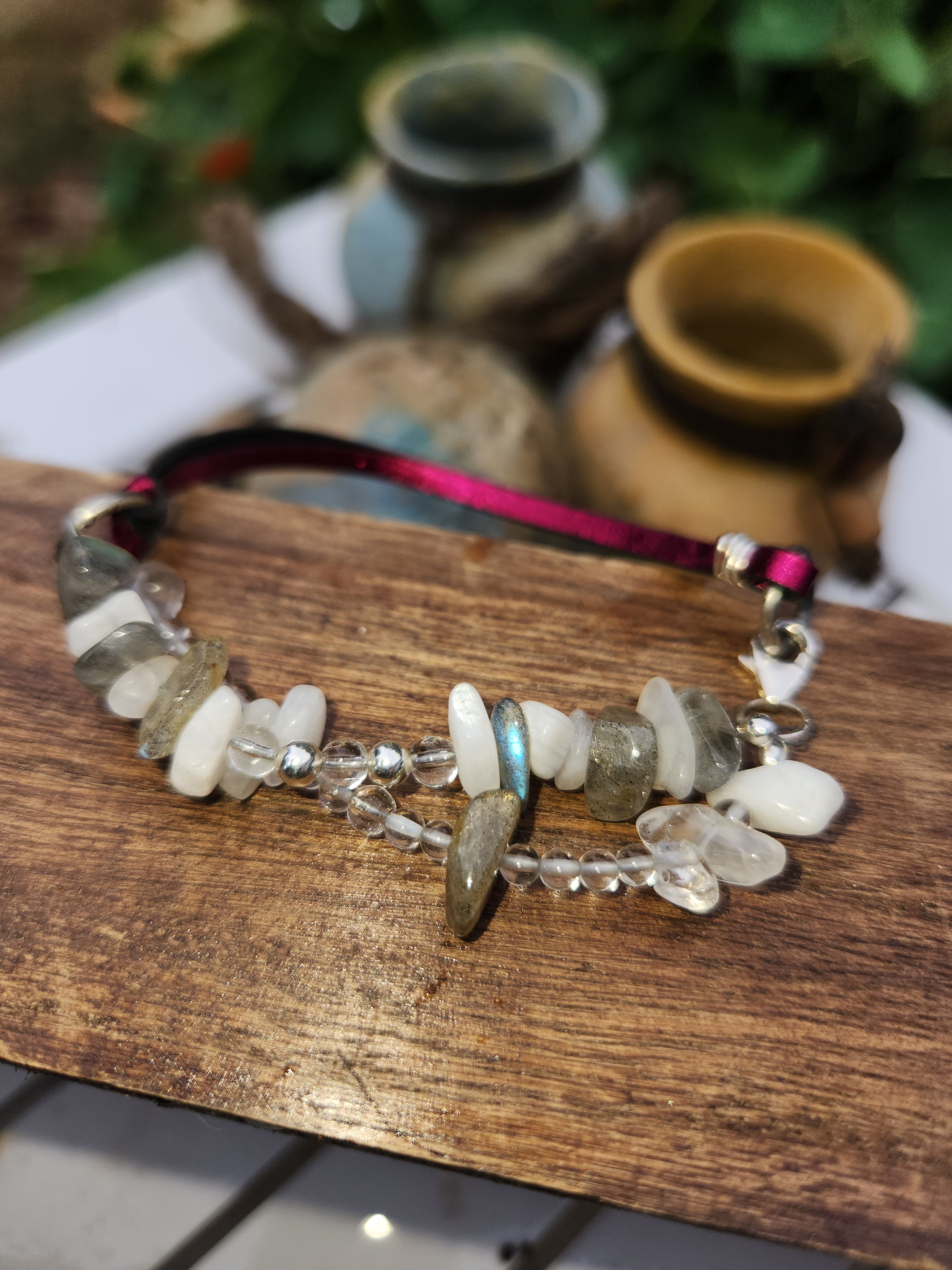 Labradorite Moonstone & Quartz Kangaroo Leather & Sterling Silver Double Strand Bracelet