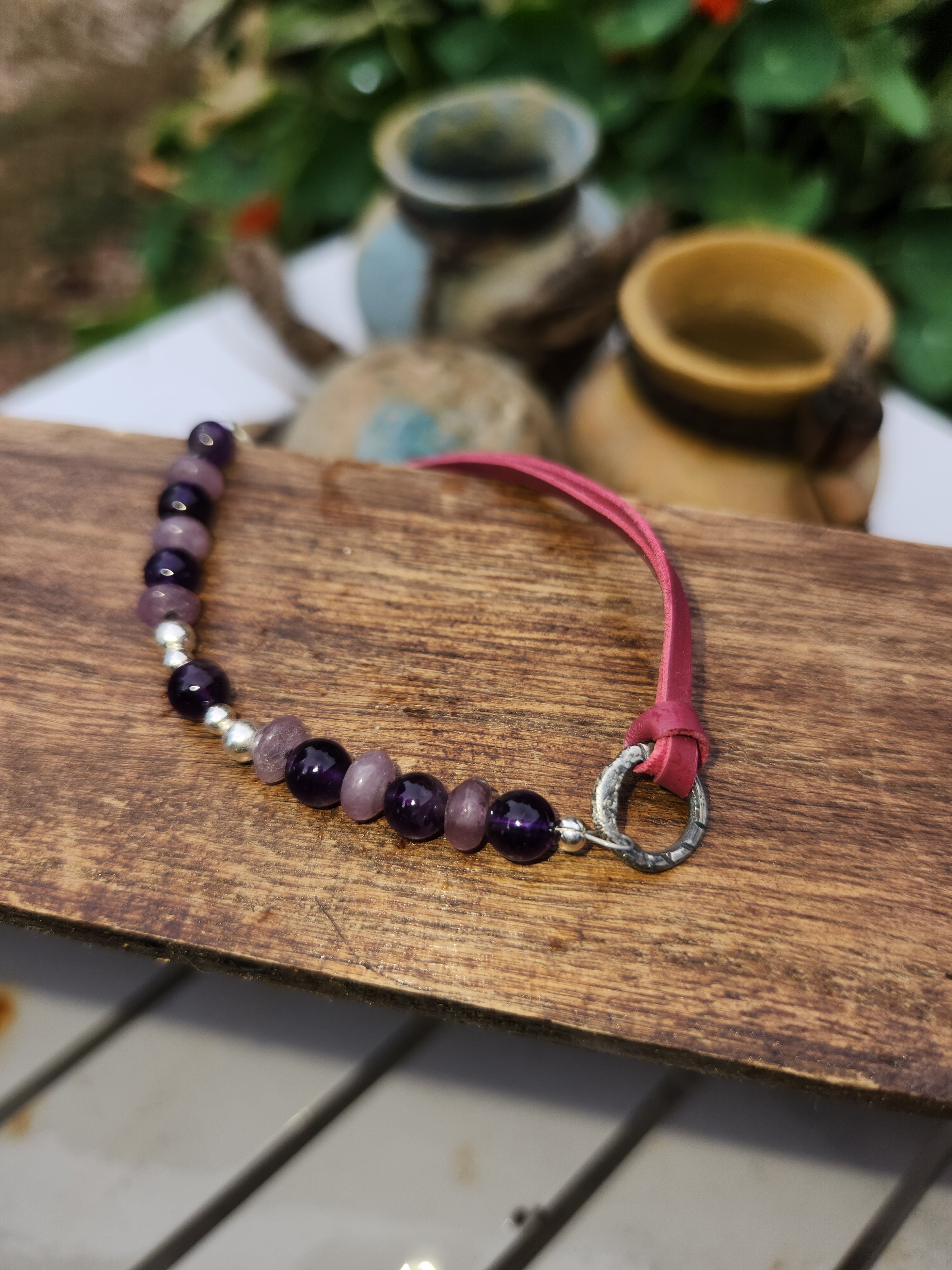 Amethyst Kangaroo Leather Sterling Silver Bracelet