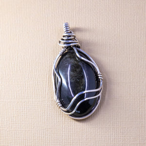 Gold Sheen Obsidian Sterling Silver Wire Wrap Pendant