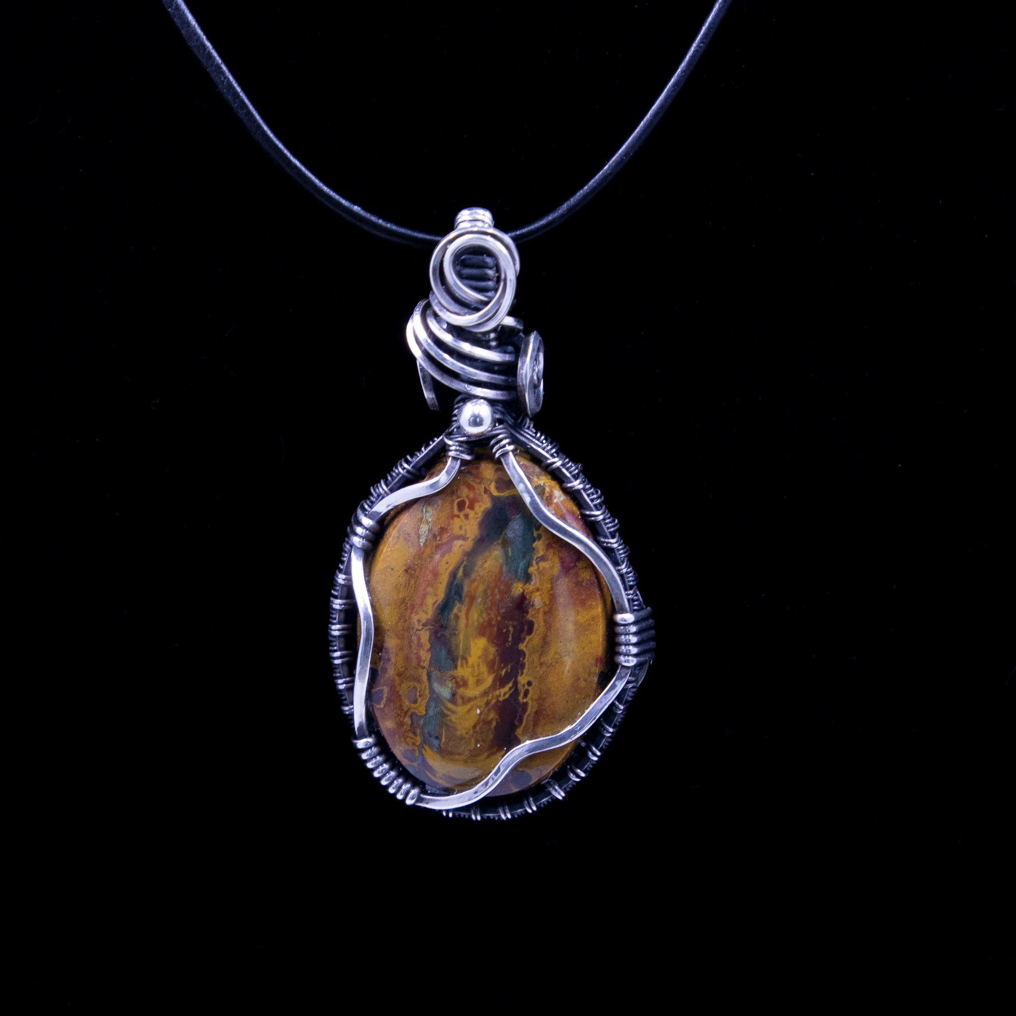 Orange Kaleidoscope Jasper Sterling Silver Wire Wrap Pendant