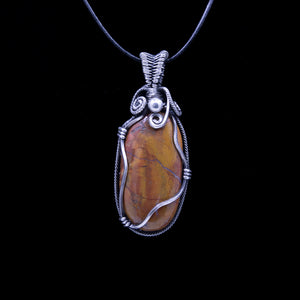 Orange Petrified Wood Sterling Silver Wire Wrap Pendant - One of a kind