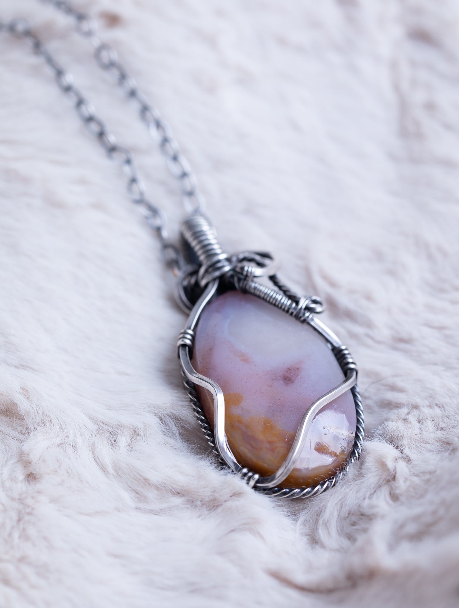 Orange Pink Agate Sterling Silver Wire Wrap Pendant