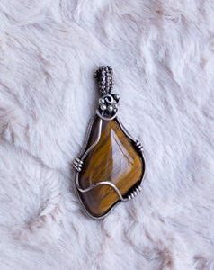 Yellow Petrified Wood Sterling Silver Wire Wrap Pendant