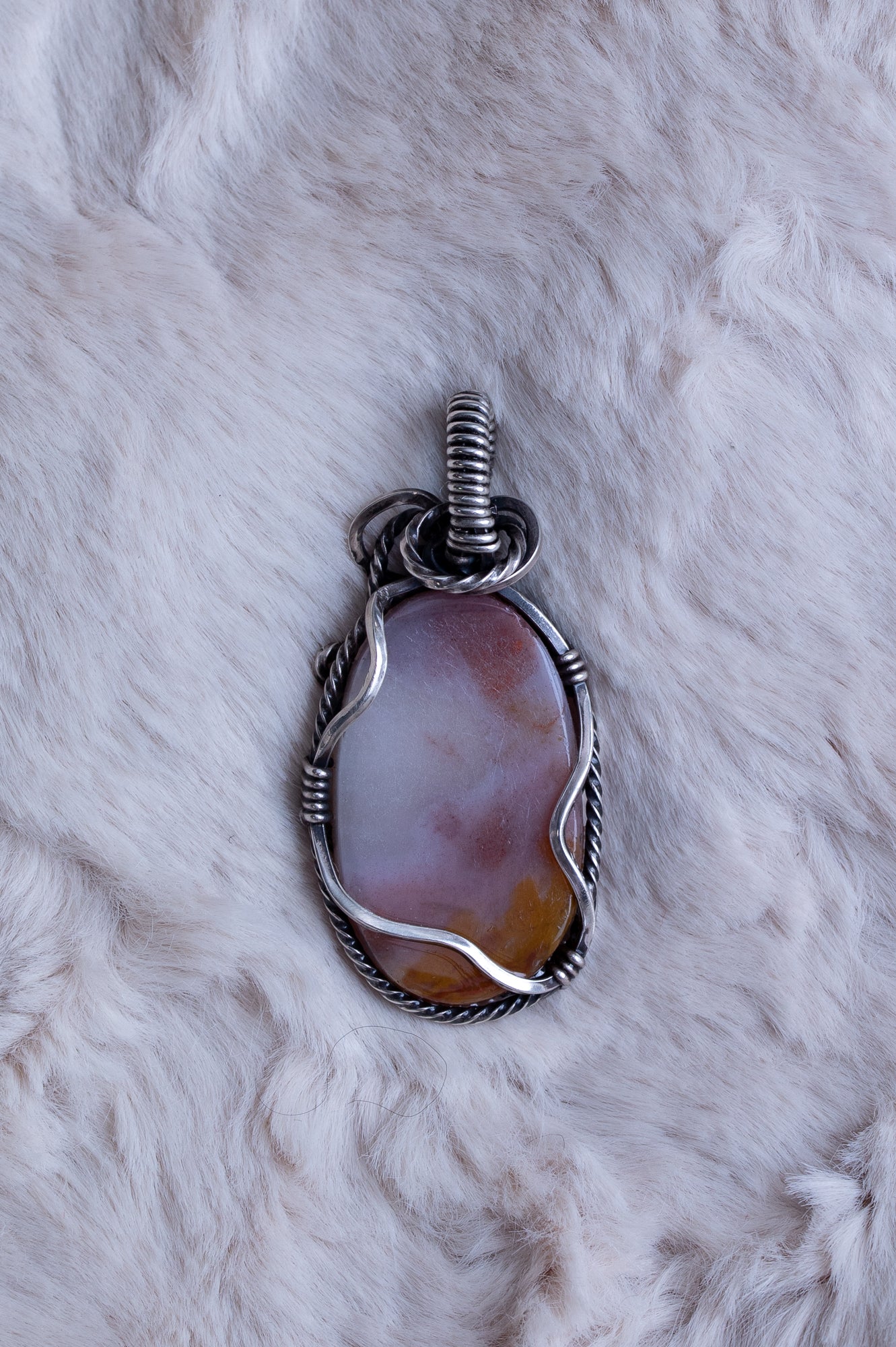 Orange Pink Agate Sterling Silver Wire Wrap Pendant