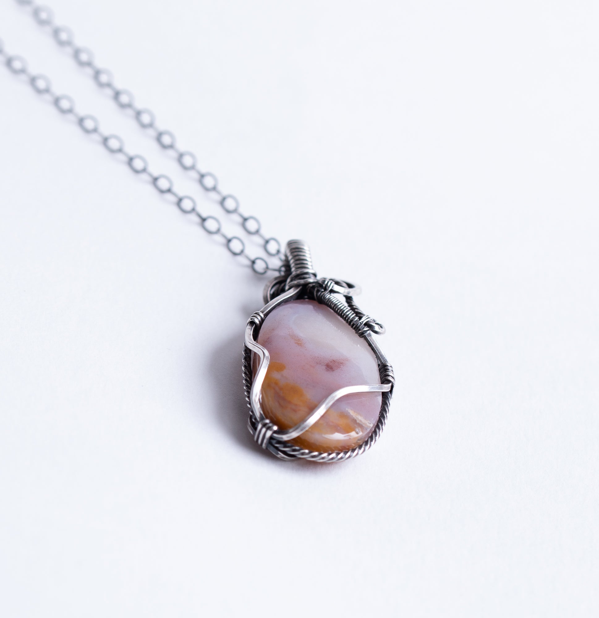 Orange Pink Agate Sterling Silver Wire Wrap Pendant