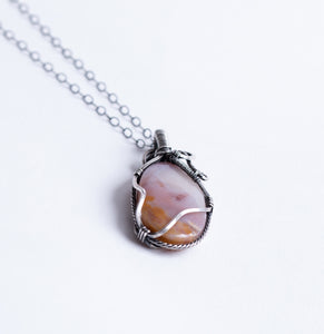 Orange Pink Agate Sterling Silver Wire Wrap Pendant