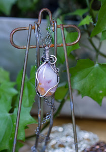 Orange Pink Agate Sterling Silver Wire Wrap Pendant