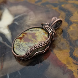 Oregon Green Kaleidoscope Copper Oval Wire Wrap Pendant