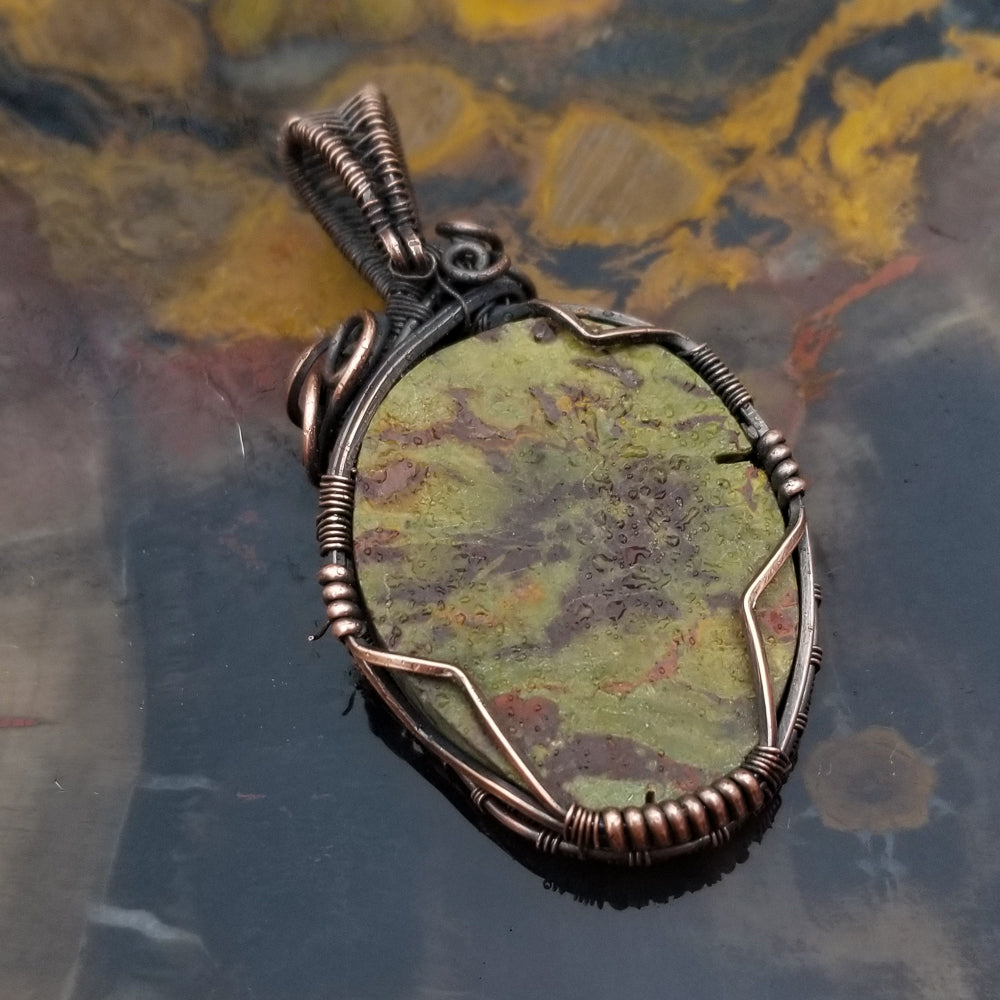 Oregon Green Kaleidoscope Copper Oval Wire Wrap Pendant