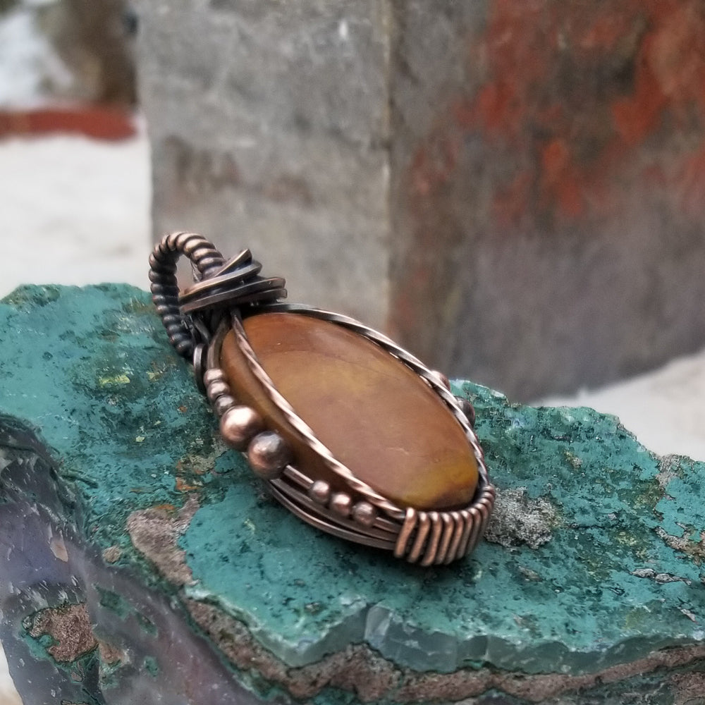 Solid Orange Kaleidoscope Copper Beaded Wire Wrap Pendant