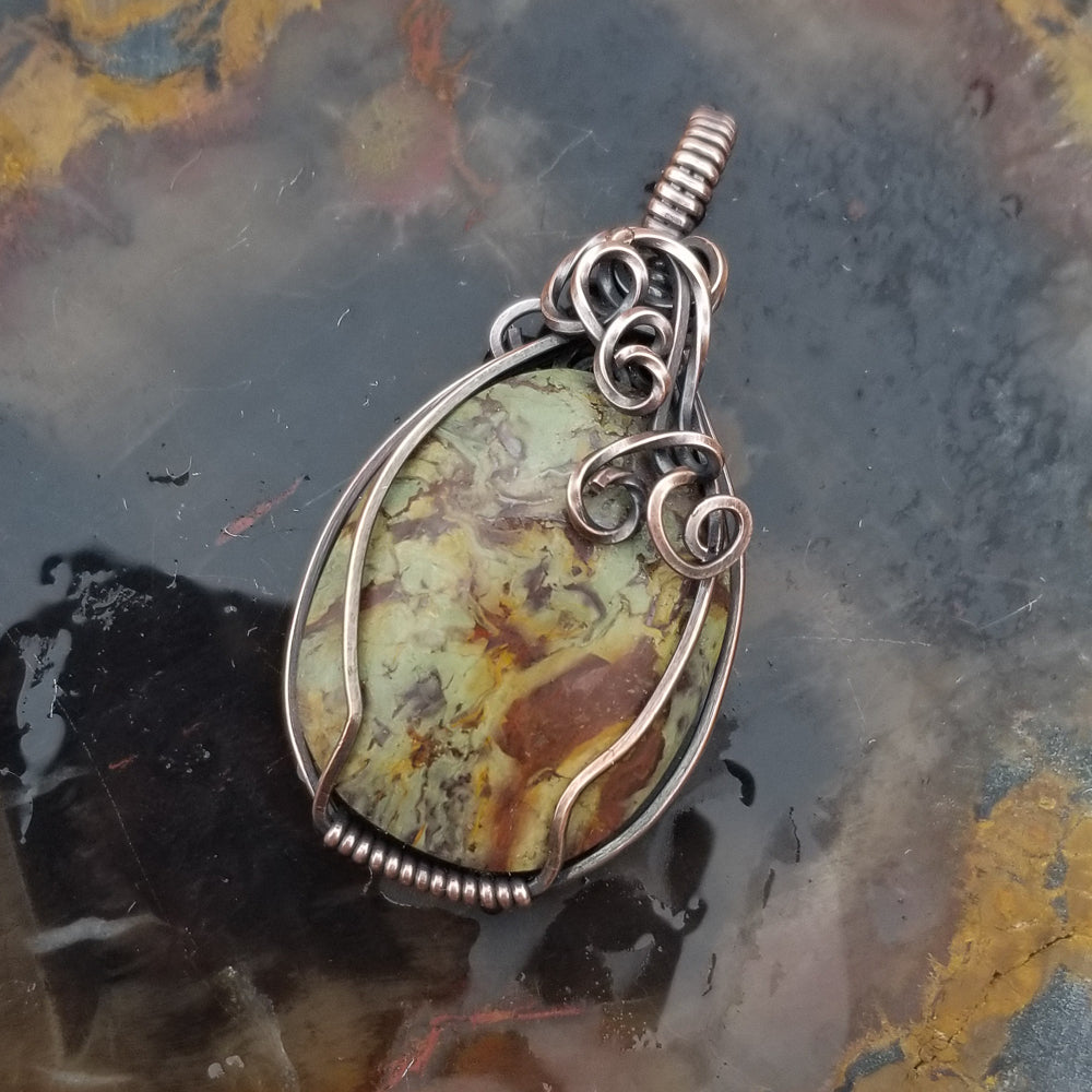 Oregon Green Kaleidoscope Copper Oval Wire Wrap Pendant - One of a kind