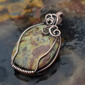 Oregon Green Kaleidoscope Copper Oval Wire Wrap Pendant - One of a kind