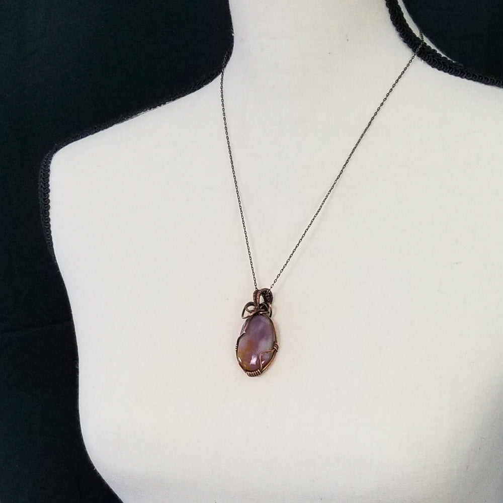 Utah Agate Pink Red Copper Wire Wrap Pendant