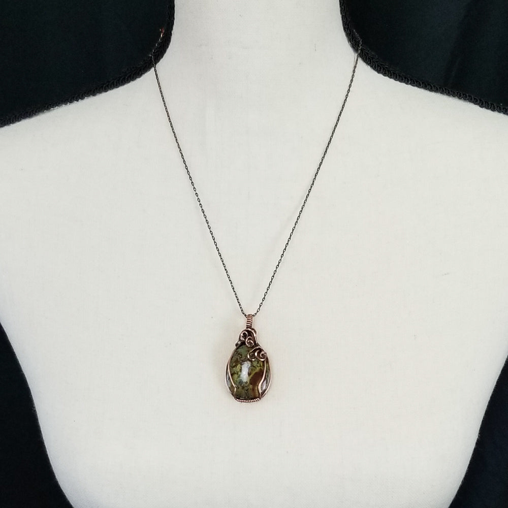 Oregon Green Kaleidoscope Copper Oval Wire Wrap Pendant - One of a kind