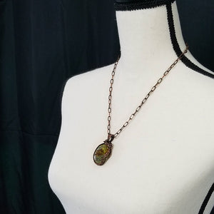 Oregon Green Kaleidoscope Copper Oval Wire Wrap Pendant