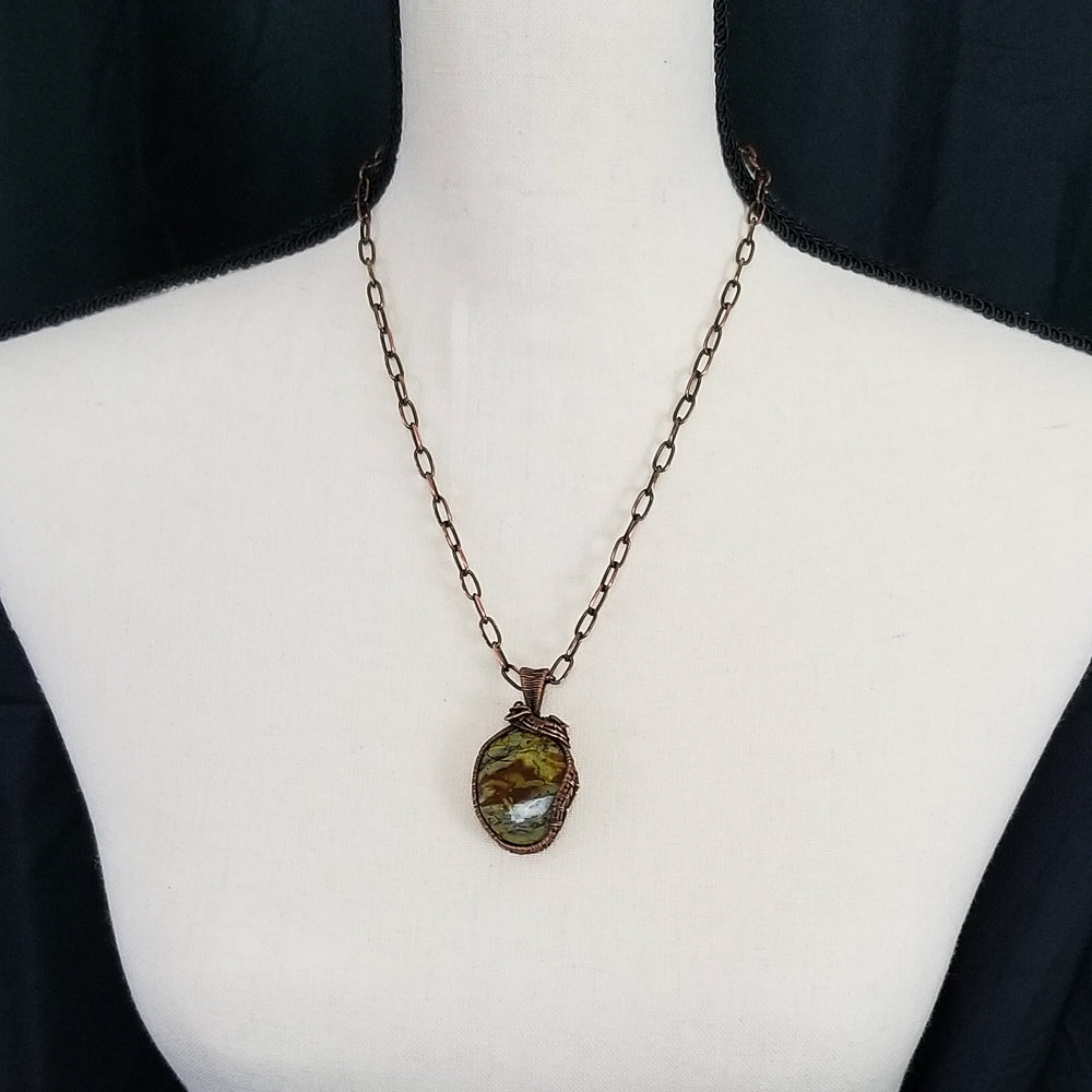 Oregon Green Kaleidoscope Copper Oval Wire Wrap Pendant