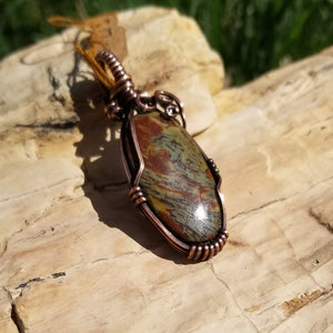 Oregon Green Kaleidoscope Copper Oval Wire Wrap Pendant