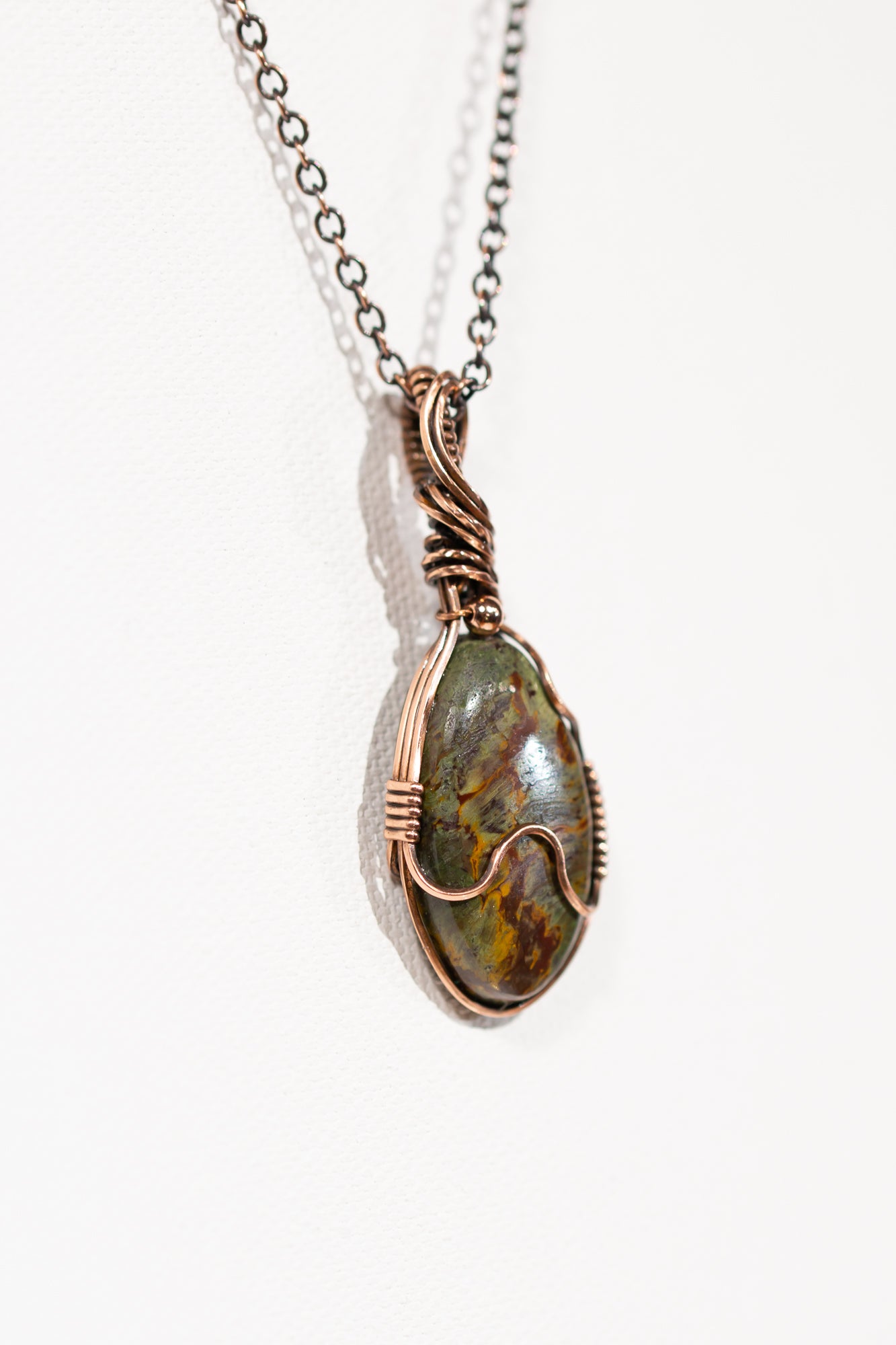 Green Kaleidoscope Jasper Copper Wire Wrap Pendant.