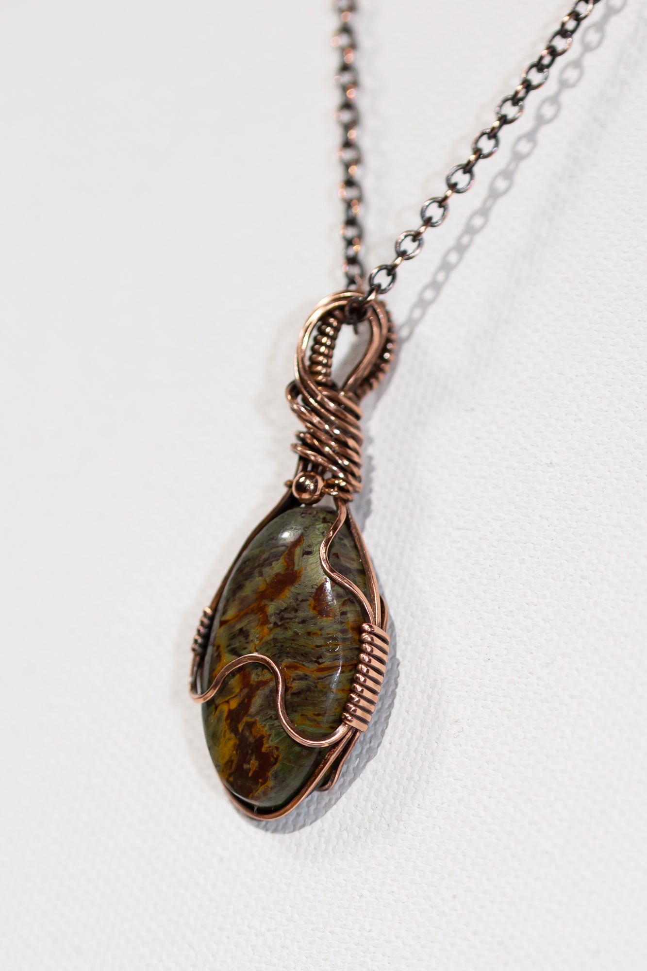 Green Kaleidoscope Jasper Copper Wire Wrap Pendant.