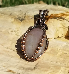 Dusty Rose Agate Copper Wire Wrap Beaded Pendant - One of a Kind